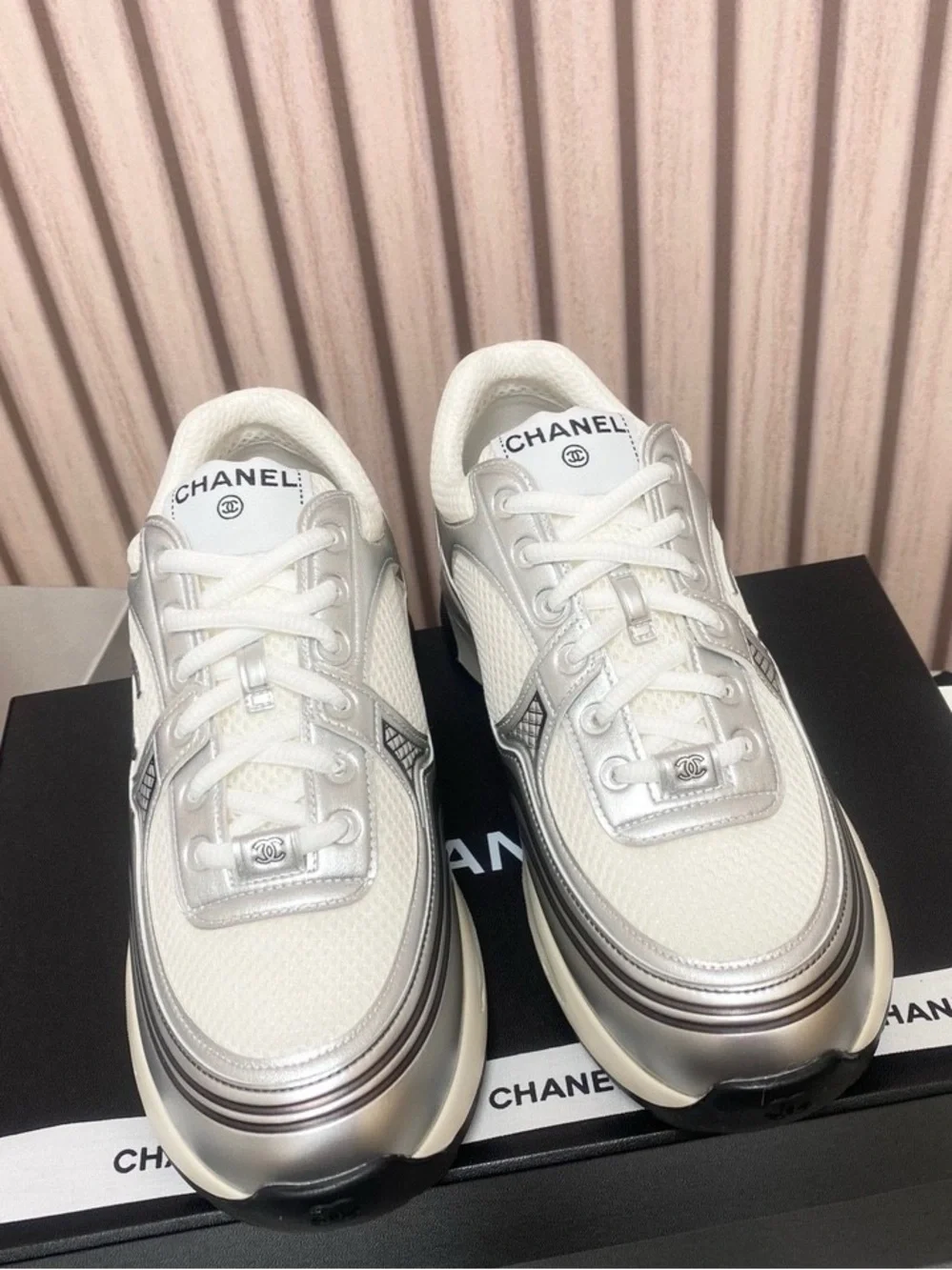 CHANEL White and Silver Sneakers